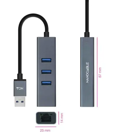 Adaptador de USB a RJ45 ethernet gigabit con 3 puertos USB 3.0 Nanocable