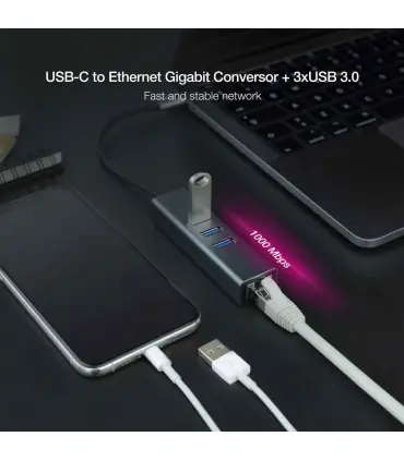 Adaptador de USB tipo C a RJ45 ethernet gigabit con 3 puertos USB 3.0 Nanocable