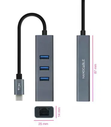 Adaptador de USB tipo C a RJ45 ethernet gigabit con 3 puertos USB 3.0 Nanocable