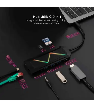 Adaptador 9 en 1 de USB-C a 3xUSB-A, USB.C PD, HDMI, RJ45, TF, SD y Audio